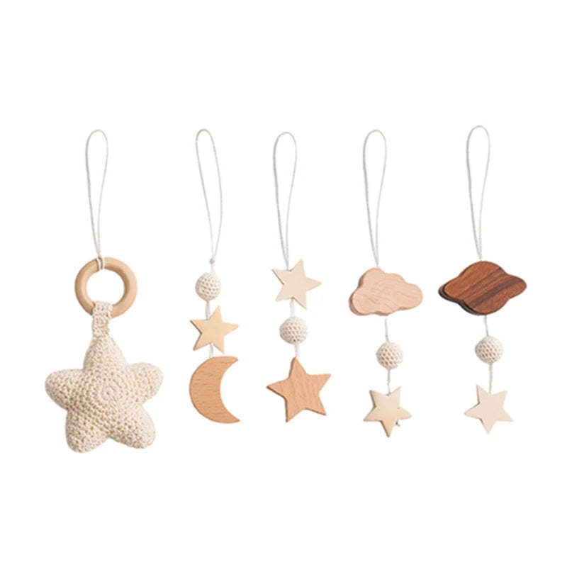1Set Wooden Rattle Teethers Baby Toys Play Gym Mobile Newborn Sensory Structure Baby Nursing Gifts Handmade Stroller Accessories
