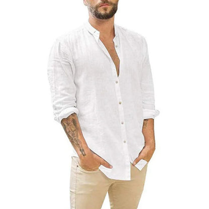Men's 2026 Men's Linen Cardigan Solid Color Casual Stand-Up Collar Long Sleeve Shirt