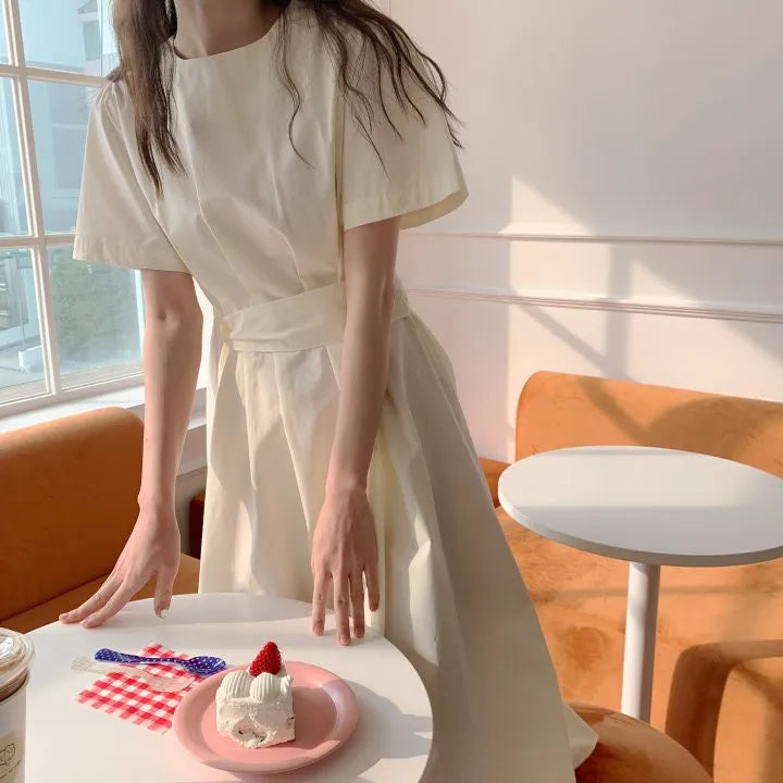 Elegant Pure Color Slim Fit Dress with Belt High Waist Spring Summer Autumn Short Sleeve Casual High Waist Skirt