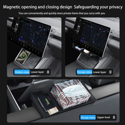 For Tesla Model Y Juniper/Model3 Highland Tray Magnetic Under Screen Hidden Storage Box Magnetic opening and closing storage box