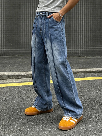 Men's vintage washed wide-leg jeans, vertical stripes, high-waist drape, floor-length trousers, outdoor casual and versatile