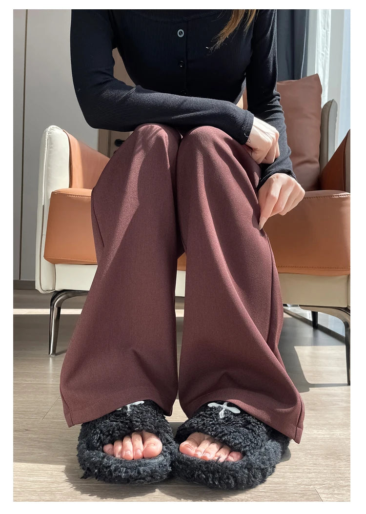Seoulish Autumn Elegant Women's Wide Leg Pants 2024 New Korean Solid Button Casual Loose Office Full Length Trousers Female