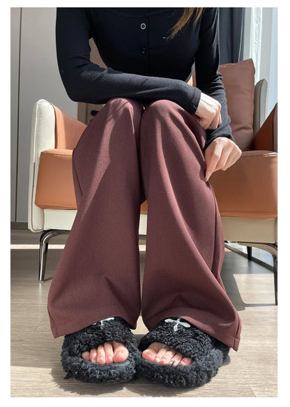 Seoulish Autumn Elegant Women's Wide Leg Pants 2024 New Korean Solid Button Casual Loose Office Full Length Trousers Female