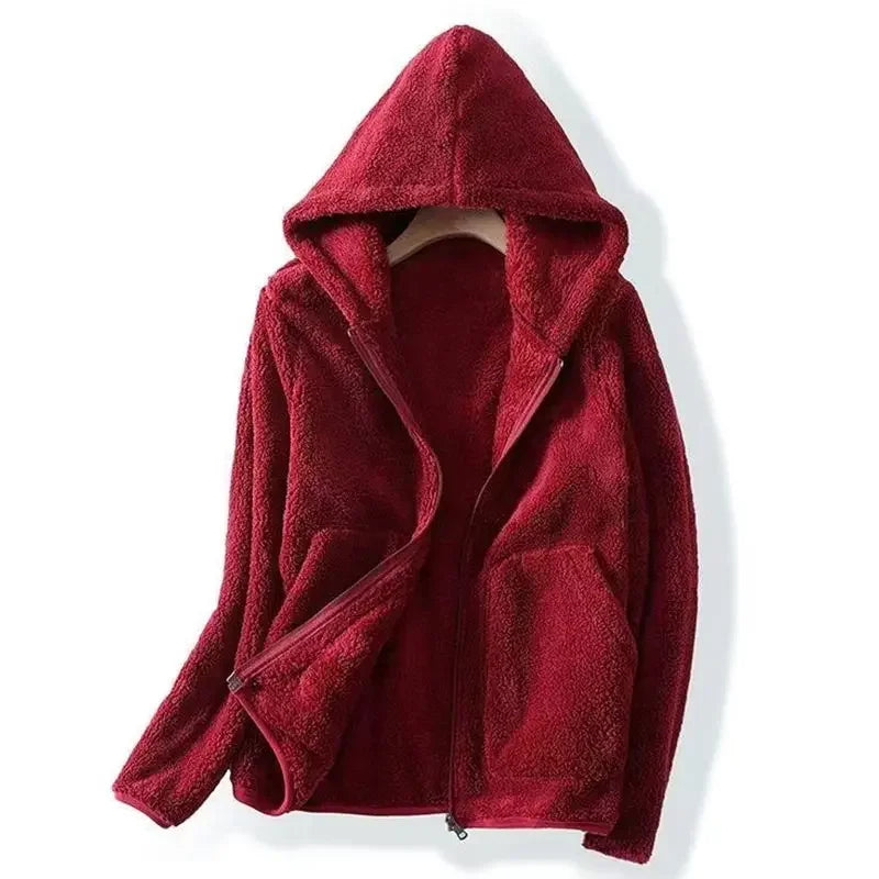Rocker Fleece Sweatshirt Women Hooded Coral Fleece Jacket Autumn Winter Coat Warm Long Sleeve Zipper Sportswear Casual Loose