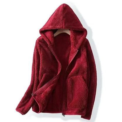 Rocker Fleece Sweatshirt Women Hooded Coral Fleece Jacket Autumn Winter Coat Warm Long Sleeve Zipper Sportswear Casual Loose
