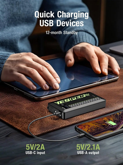 YESPER 1500A Car Jump Starter——0.7lb Mini Portable, Built-in 12000mAh, Power Bank Function, for 7.0L Gas/5.5L Diesel