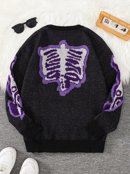 New Trendy Autumn and Winter Skeleton Pattern Pullover Sweater, Casual Round-Neck Color-Blocking Knit Men's Pullover
