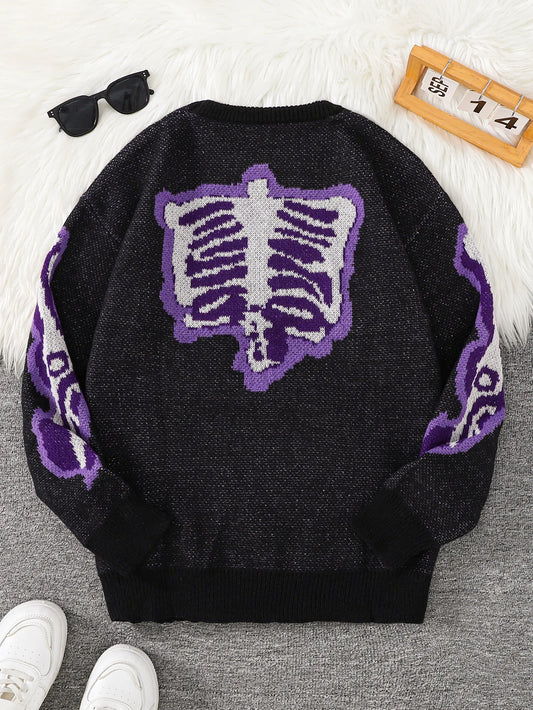 New Trendy Autumn and Winter Skeleton Pattern Pullover Sweater, Casual Round-Neck Color-Blocking Knit Men's Pullover