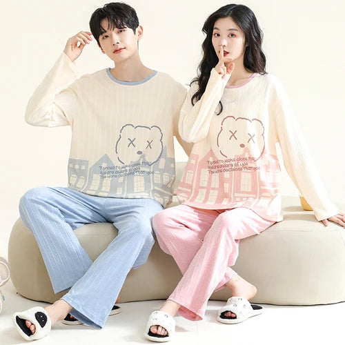 2023 New Cartoon Cute Pajamas Set for Couples Cotton Long Sleeves Sleep Top & Long Pant Spring Nightwear for Men and Women Pjs