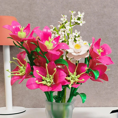 Creative 546PCS Pink lily Bouquet Building Blocks Jasmine Immortal Flowers Home Desk Plant Decoration Assemble Bricks Toys Gifts