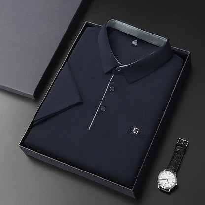 Men's Business Ice Silk Work Shirts Summer Badge Solid Color Polo Shirt Office Wear Man Breathable Comfortable Versatile Tops