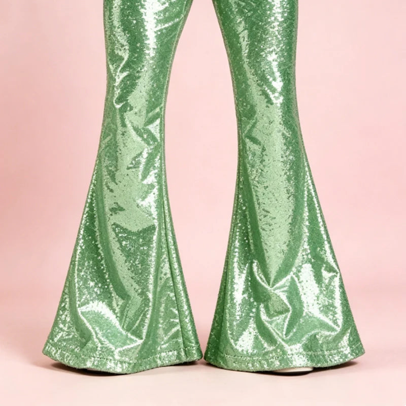 Men's Sequin Flare Pants High Waist Sparkly Bell Bottom Trousers Shiny Glitter Stretchy Breathable for Stage Performance Party