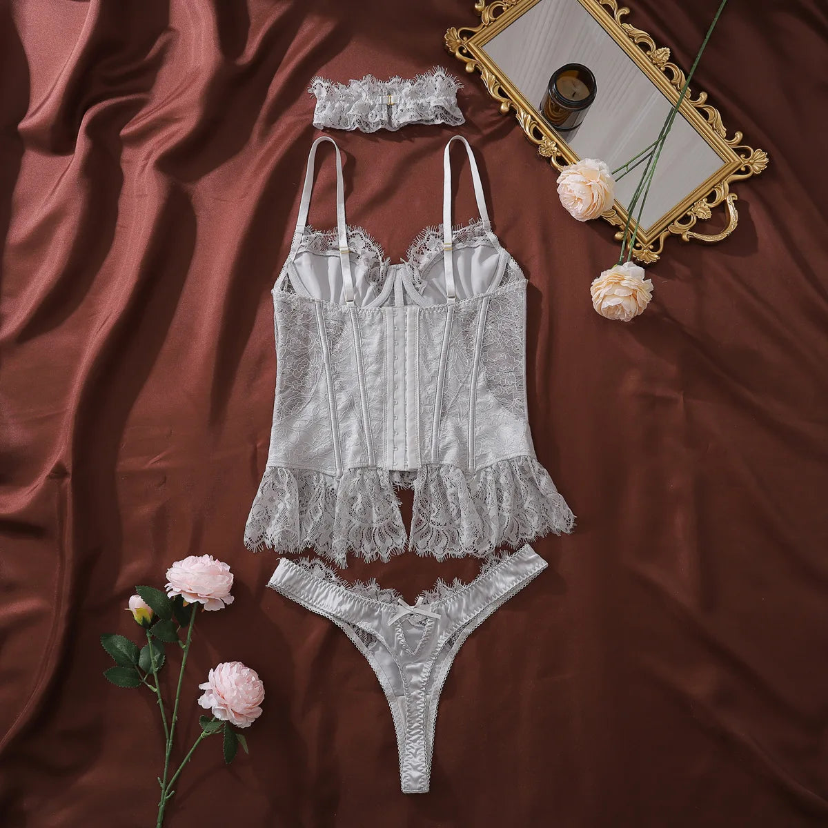 Ellolace Premium Women's Lingerie Sets Romantic Palace Corset Bra Panty Choker 3PC Elegant Princess Intimate Silver Underwear