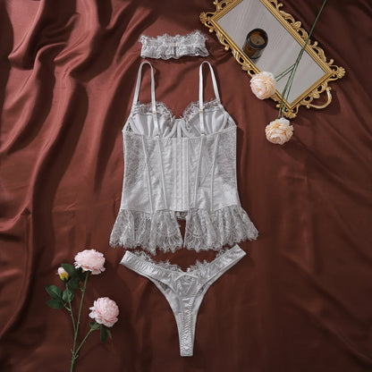 Ellolace Premium Women's Lingerie Sets Romantic Palace Corset Bra Panty Choker 3PC Elegant Princess Intimate Silver Underwear