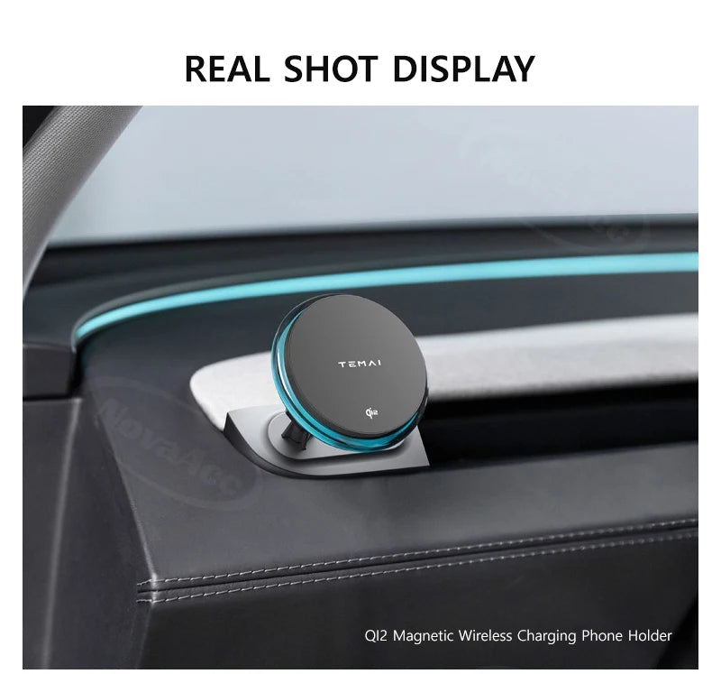 NovaAcc Magnetic Wireless Charging Mount For Tesla Model Y Juniper Model 3 Highland 2024-2026 Left Right Rudder Car Phone Holder