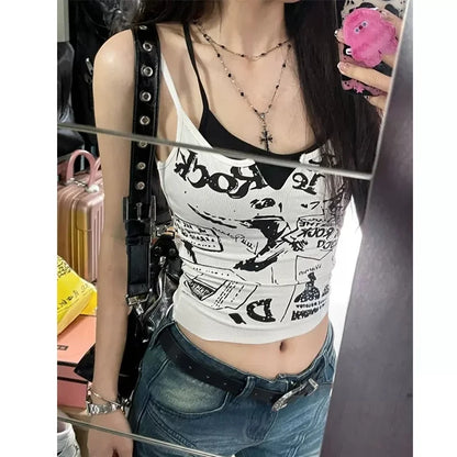 Sexy Y2K Spicy Girl  Strap Vest Women Summer American Short Print Sleeveless Top Inner Wear Commute Style Slim Fit