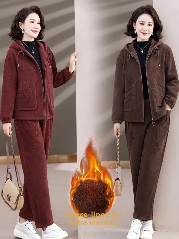 Winter Thickened Large Size Mid-aged Casual Two-piece Set Fleece-lined Comfortable Commute Style High Waist Long Pants