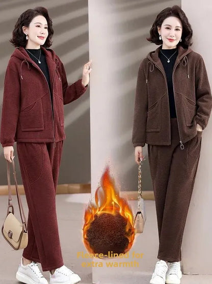 Winter Thickened Large Size Mid-aged Casual Two-piece Set Fleece-lined Comfortable Commute Style High Waist Long Pants