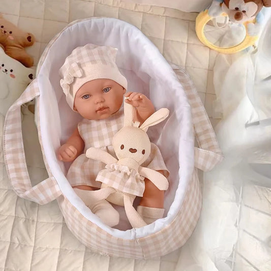 14inch 35cm Baby Doll with Clothes Cute Rabbit with Sleeping Basket Bebe Reborn Doll Kids Soothing Newborn Doll Girls Gift