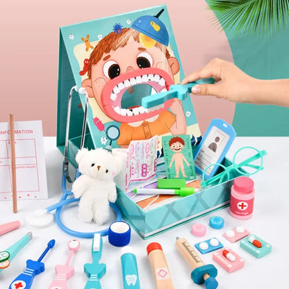 Wooden Pretend Play Dentist Educational Toys for Children Simulation Doctor Check Brush Teeth Medicine Set Role Playing Games