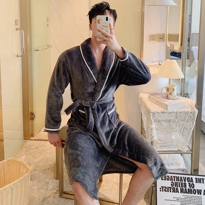 Thickened Flannel Sleepwear Coat for Men And Women Warm Winter Coral Velvet Robe Couple Home Clothes Mid-Length Bath Robe