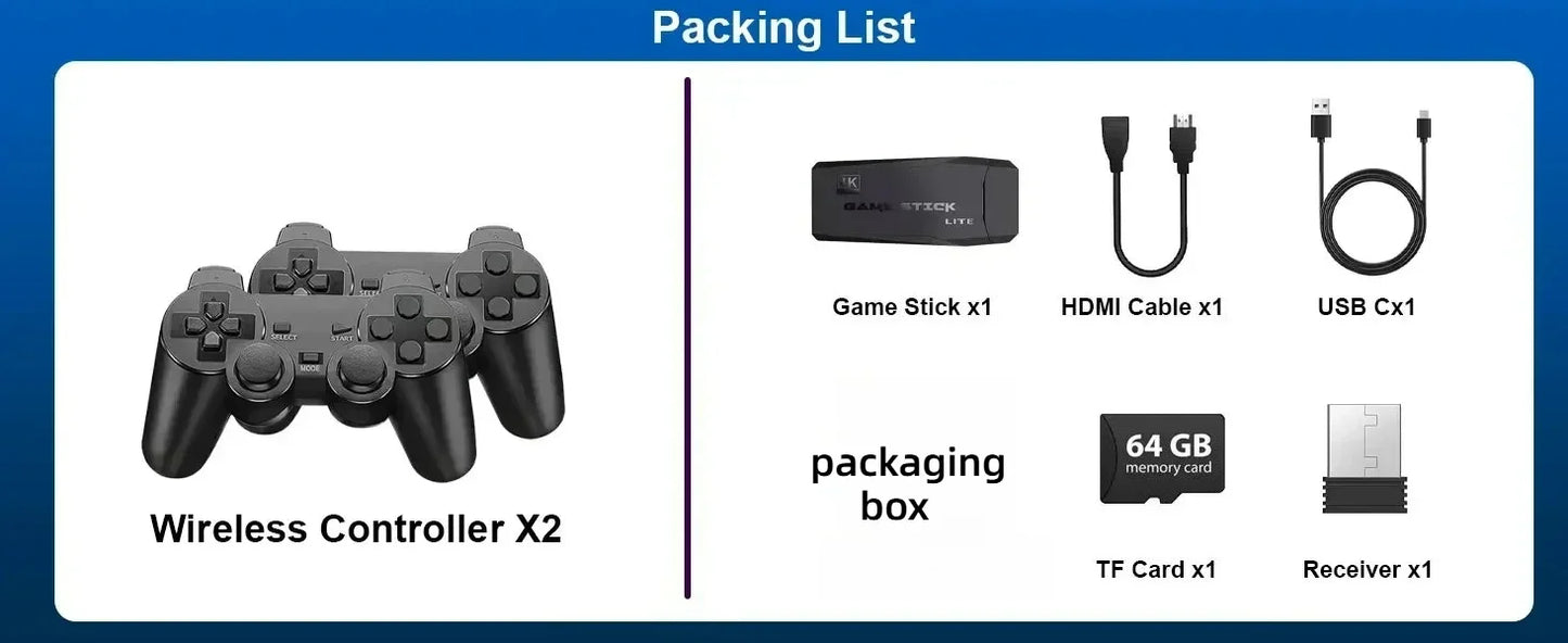Retro Video Game Console 4K Game Stick TV HD Built-in 20000+ Games 64G Retro Handheld Game Player Wireless Controller Gamepad