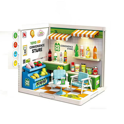 Micro Model Mini Dollhouse Playset with Light, Portable Grill Shop & Beauty Store Pretend Play Toy for Kids, Ideal Birthday Chri