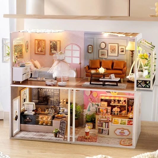 DIY Wooden Miniature DollHouse Leisurely Coffee Shop Dollhouses Scene Model  Doll House Assembly Model Toys For Xmas Gifts