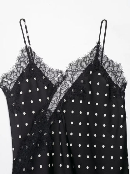 HH Women Elegant Polka Dot Lace Slip Tops Asymmetrical Hem Tanks Camis Summer Lady Sexy Lace Splicing Club Party Tops Camisole