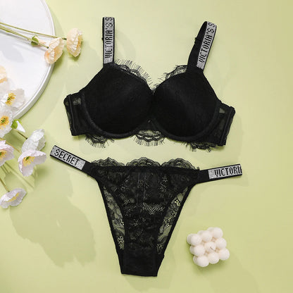Victoria's Secret Classic Women's Lingerie Set Sexy Lace Trim Pattern Breathable Gathered Padded New Soft Bra and Panty Set