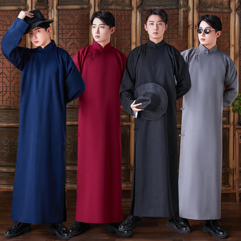 Men's Long Shirt Traditional Chinese Style Retro Fashion No Ironing Required  Groomsmen Suit Thin Shawl Collar
