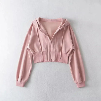 Full Zip Up Women's Hoodies Sweatshirts Plain Korean Clothing Aesthetic 90s Vintage Essential Basic Female Hooded Top Cropped
