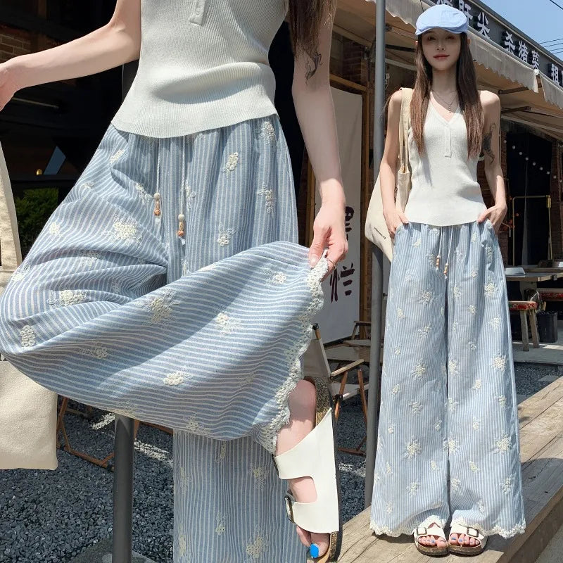 Vintage Blue Striped Embroidered Wide-leg Pants Women's Summer 2026 High-waisted Lace Stitching Casual Straight Trousers Popular