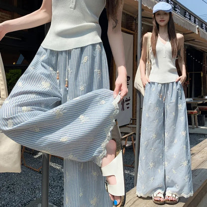 Vintage Blue Striped Embroidered Wide-leg Pants Women's Summer 2026 High-waisted Lace Stitching Casual Straight Trousers Popular