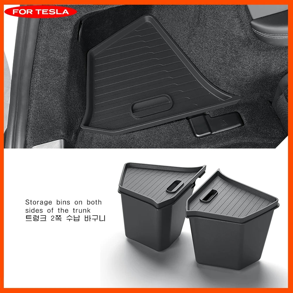Trunk Side Storage Box Space Optimization Corrosion Resistant TPE Organizer Bins with Lids 1 Pair 2026 Tesla Model Y L LWB Trunk