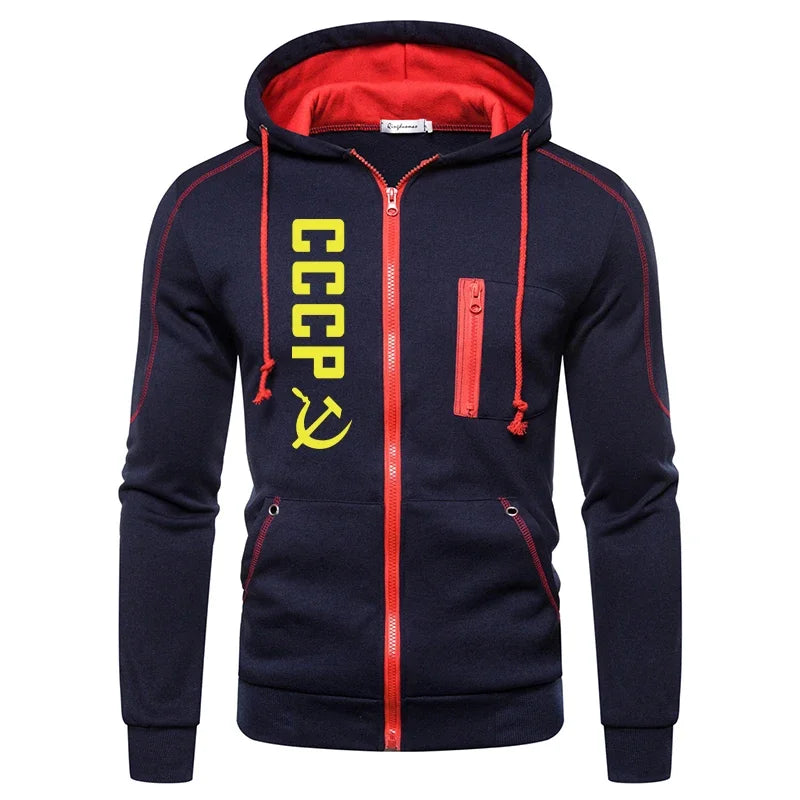 Autumn Winter Male Daily Casual Warm Fashion Hoodies CCCP Printed Men's Zipper Coats High Quality Hooded Long Sleeve Jacket