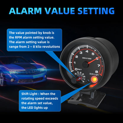 Black Tachometer Gauge with Red Shift Light Universal 3.75 Inch 95mm 12V White LED Auto 0-8000 RPM Meter Tacometro Tach Gauge