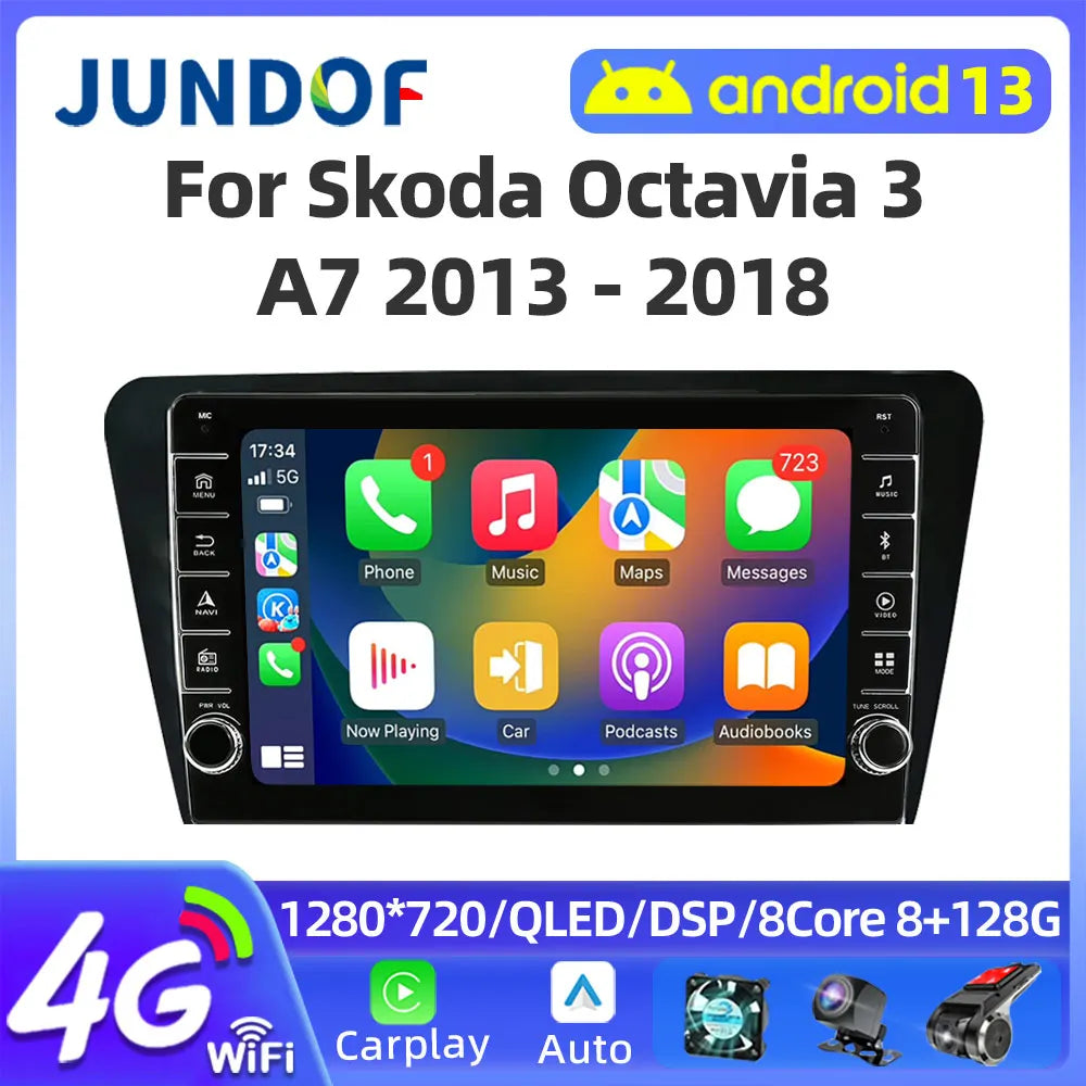 Jundof 2 Din Android 13 Car Radio For Skoda Octavia 3 A7 2013-2018 Multimedia Video Player 4G WiFi Navigation Carplay Head unit