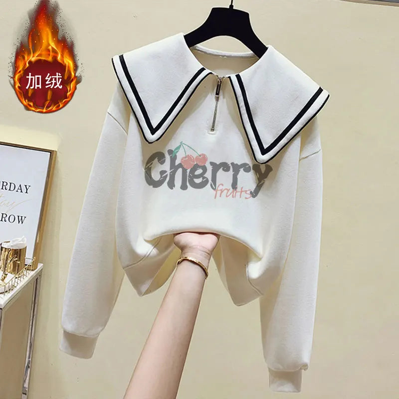 Teenage Girl's Fleece Lined Thickened Navy Collar Sweatshirt Small Size Winter Fashionable Clothing School Sweet Style Zipper