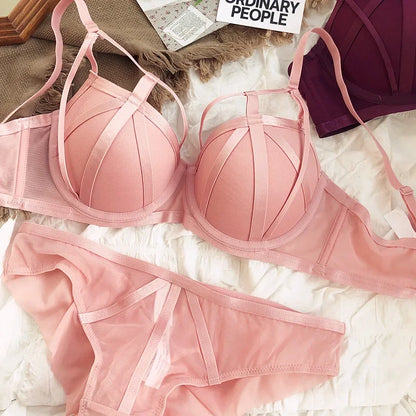 2 Pieces Fashion Lace Underwear Set Women Sexy Hollow Bandage Push Up Bra Set Europe High Quality Lingerie Plus Size CD Cup Bras