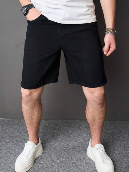 Men everyday wear black non stretch denim jorts loose casual solid color stylish comfortable short pants