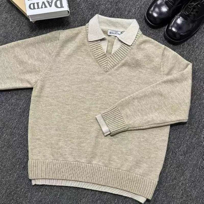 Retro fake two piece V-neck sweater men's winter lapel old money style knitted sweater top lazy style jacket