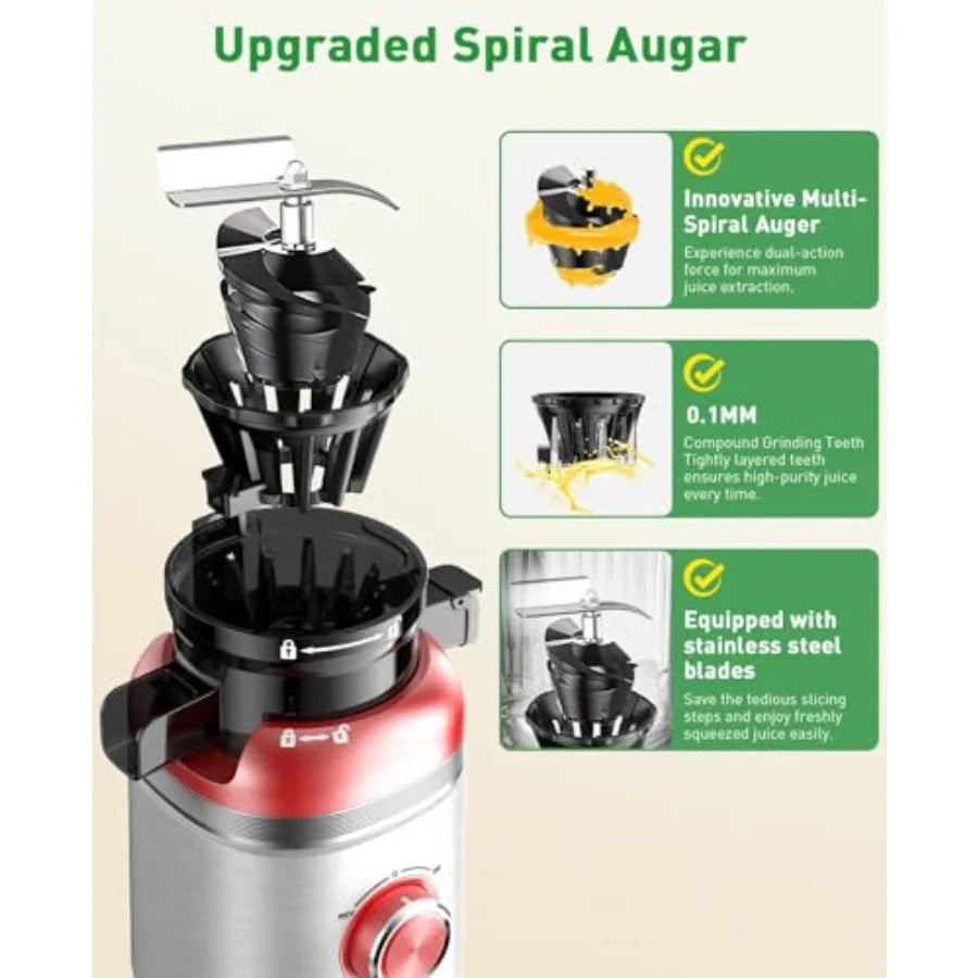 Cold Press Juicer Machines for home kitchen use, ABS plastic body, red color, wide feed chute and high juice yield