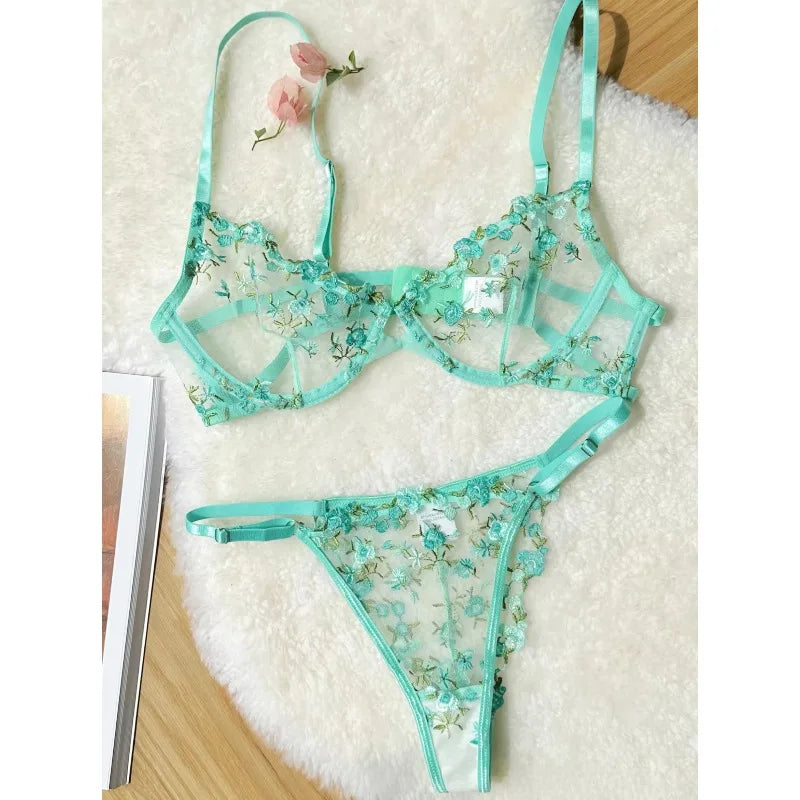 Sexy Floral Embroidery Mesh Bra Set Sweet Sheer Lace Lingerie Soft Comfort Breathable Underwear Suit Party Dating Daily Wear Bra