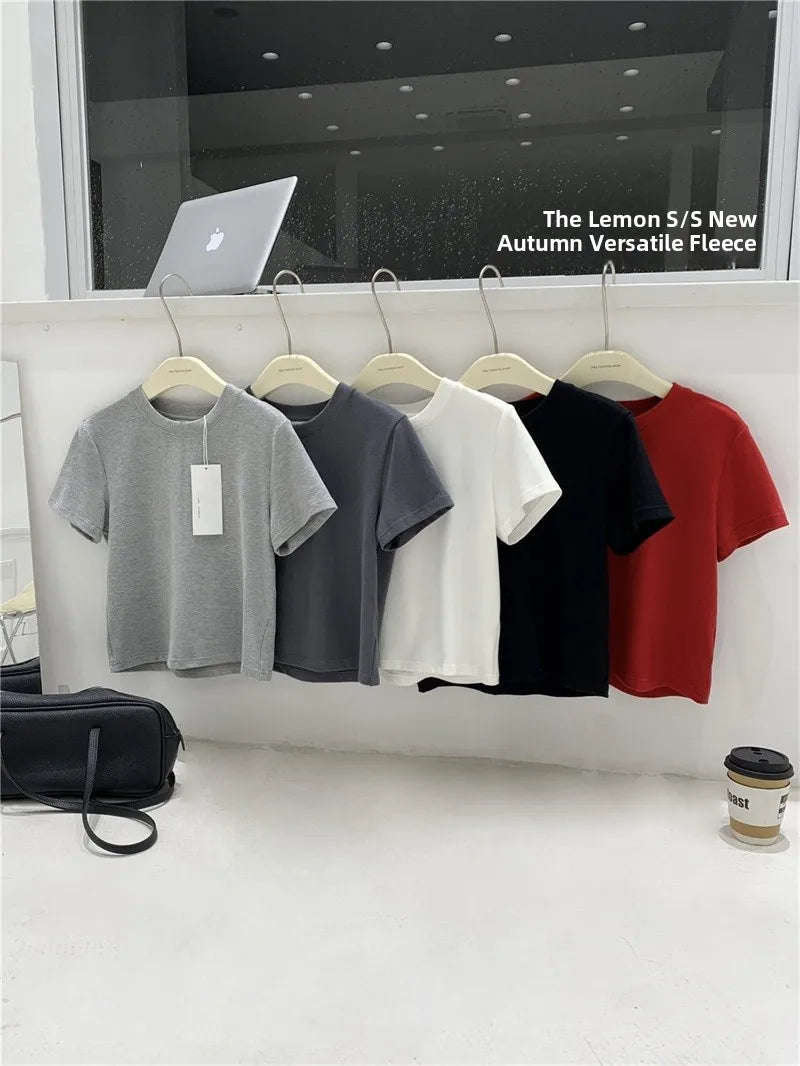 Lemon Women's Loose Short Sleeve T-Shirt Korean Style round Neck Base Shirt Inner Wear Simple Fashion Spring Autumn Top