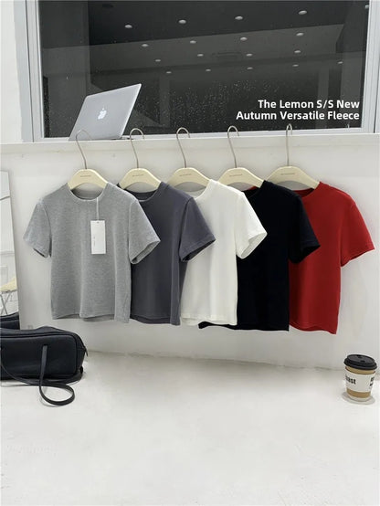 Lemon Women's Loose Short Sleeve T-Shirt Korean Style round Neck Base Shirt Inner Wear Simple Fashion Spring Autumn Top
