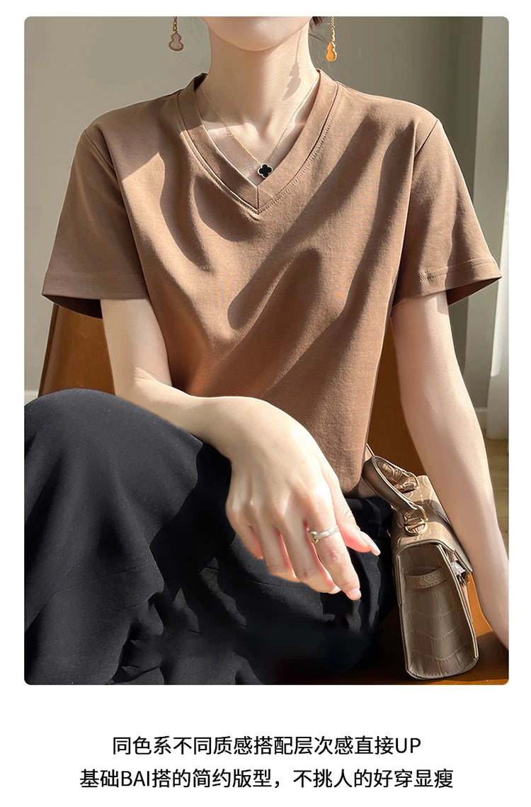 2026 Summer New Pure Cotton V-neck Short-sleeved T-shirt Women's Solid Color Joker Pullover Shirt with Loose Sleeve Bottom Shirt