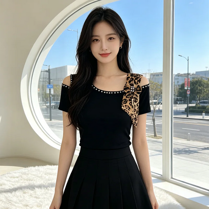 Summer New Off Shoulder Short sleeved T-shirt Korean Fashion Diamond Tops Slim Style Bowknot Women Shirt