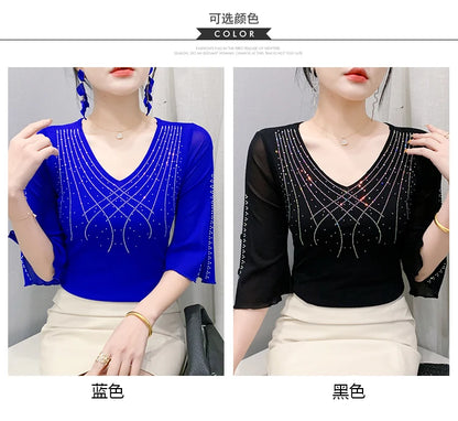 2026 Spring Summer Mesh Tops Korean Fashion Diamond T Shirt Slim 3/4 Sleeve Hollow Out Casual Women Shirt