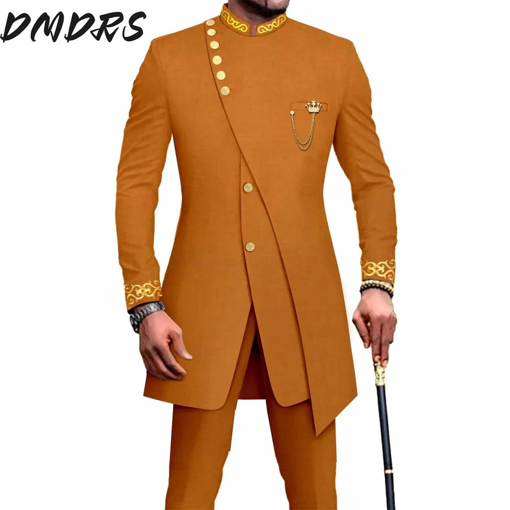 Elegant African National Printing Batik Men's Casual 2PCS Suit For Wedding Dinner Event Suit terno masculinos complete costume